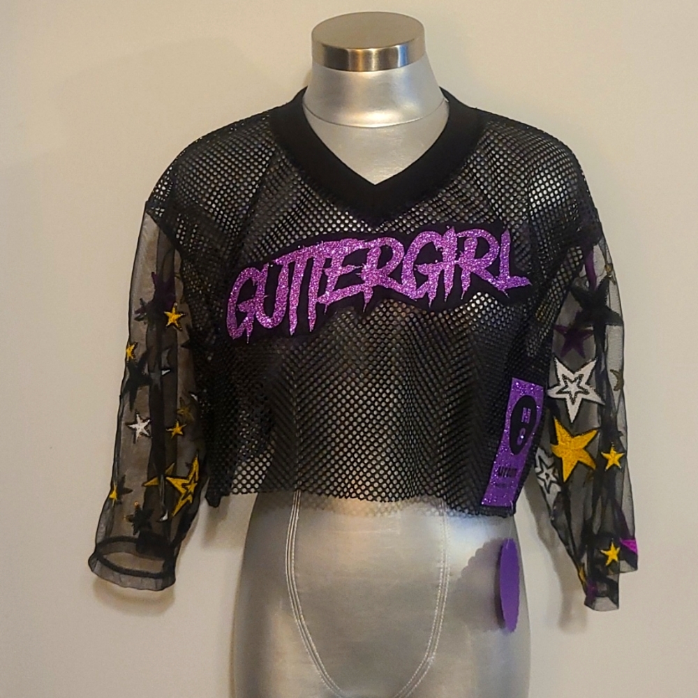 Celb.designer Maggie Barry custom made mesh crop top sheer sleeve with 🌟 stars.